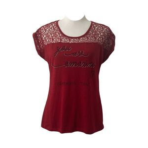 Local Women's Shirt Red Crochet Top Short Sleeve Scoop Neck Size Medium